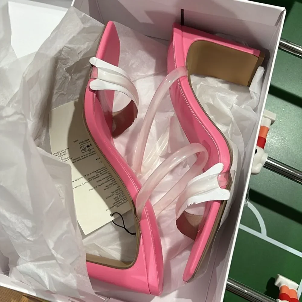 The Drop Women's Pink/Clear Avery Square Toe Two Strap High Heeled Slide Size 9